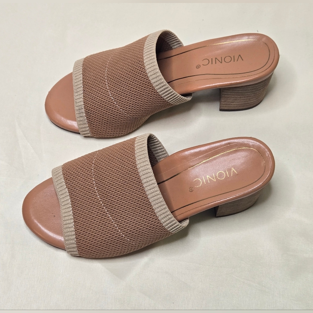 Vionic Fleur Heeled Sandals Knit Toasted Nut Size 5 Mules